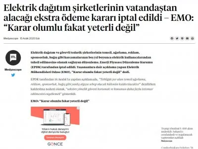 ELEKTRİK DAĞITIM ŞİRKETLERİNİN VATANDAŞTAN ALACAĞI EKSTRA ÖDEME KARARI İPTAL EDİLDİ  EMO: KARAR OLUMLU FAKAT YETERLİ DEĞİL (MEDYASCOPE.TV)