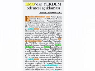 EMO`DAN YEKDEM ÖDEMESİ AÇIKLAMASI (BAŞKENT GAZETESİ, 05.02.2021)