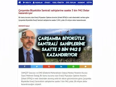 ÇARŞAMBA BİYOKÜTLE SANTRALİ SAHİPLERİNE SAATTE 3 BİN 942 DOLAR KAZANDIRIYOR (KARADENİZHAYAT.COM)