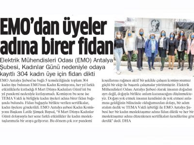 EMO`DAN ÜYELER ADINA BİRER FİDAN (AKDENİZ MANŞET-09.03.2021)