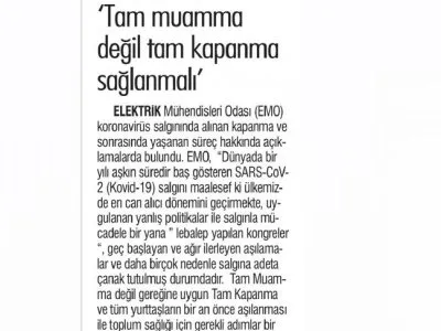`TAM MUAMMA DEĞİL TAM KAPANMA SAĞLANMALI` (YENİÇAĞ GAZETESİ, 09.06.2021)