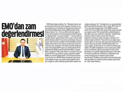 EMO`DAN ZAM DEĞERLENDİRMESİ (AKDENİZ MANŞET-02.07.2021)