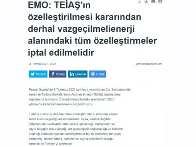 EMO: TEİAŞ`IN ÖZELLEŞTİRİLMESİ KARARINDAN DERHAL VAZGEÇİLMELİ ENERJİ ALANINDAKİ TÜM ÖZELLEŞTİRMELER İPTAL EDİLMELİDİR (BORSAGUNDEM.COM)