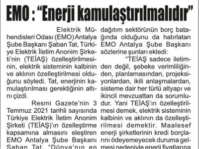 EMO: ENERJİ KAMULAŞTIRILMALIDIR (TOROS-06.07.2021)