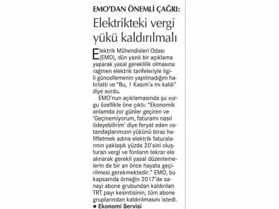 ELEKTRİKTEKİ VERGİ YÜKÜ KALDIRILMALI (CUMHURİYET)