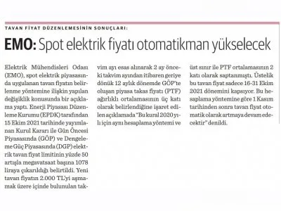 TAVAN FİYAT DÜZENLEMESİNİN SONUÇLARI: EMO: SPOT ELEKTRİK FİYATI OTOMATİKMAN YÜKSELECEK (DÜNYA)