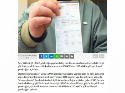 EMO: ELEKTRİK FATURALARINDAKİ VERGİ YÜKÜ AZALTILMALI  (ENERJİGUNLUGU.NET)