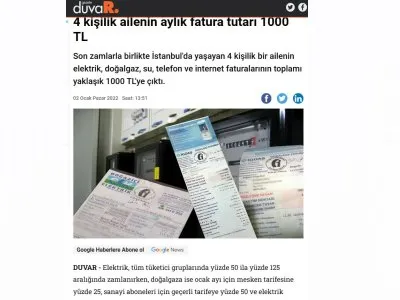 4 KİŞİLİK AİLENİN AYLIK FATURA TUTARI 1000 TL (GAZETEDUVAR.COM.TR)