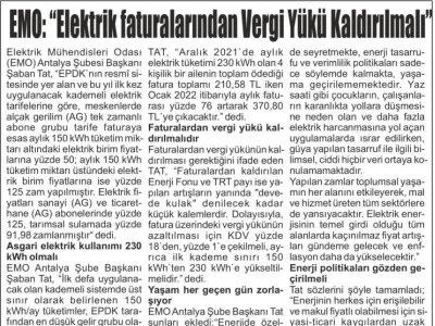 EMO: ``ELEKTRİK FATURALARINDAN VERGİ YÜKÜ KALDIRILMALI` (AKDENİZ GÜNCEL - 06.01.2022)