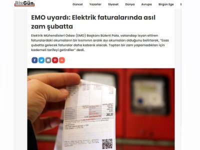 EMO UYARDI: ELEKTRİK FATURALARINDA ASIL ZAM ŞUBATTA (BİRGUN.NET)
