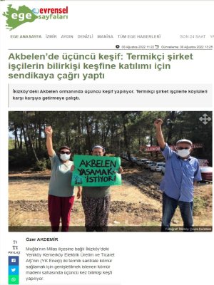 AKBELENDE ÜÇÜNCÜ KEŞİF: TERMİKÇİ ŞİRKET İŞÇİLERİN BİLİRKİŞİ KEŞFİNE KATILIMI İÇİN SENDİKAYA ÇAĞRI YAPTI (EVRENSEL.NET)