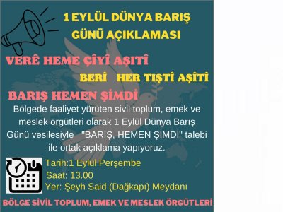 1 EYLÜL DÜNYA BARIŞ GÜNÜ BASIN AÇIKLAMASI DUYURUSU