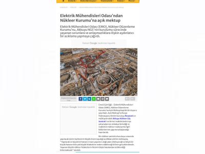 ELEKTRİK MÜHENDİSLERİ ODASINDAN NÜKLEER KURUMUNA AÇIK MEKTUP (ENERJİGUNLUGU.NET)