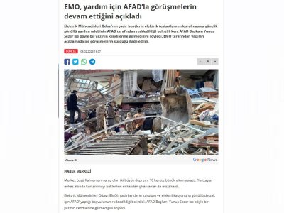 EMO, YARDIM İÇİN AFADLA GÖRÜŞMELERİN DEVAM ETTİĞİNİ AÇIKLADI (BİRGUN.NET)