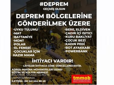 TMMOB İKK DEPREM BÖLGESİ İÇİN YARDIM KAMPANYASI BAŞLATTI