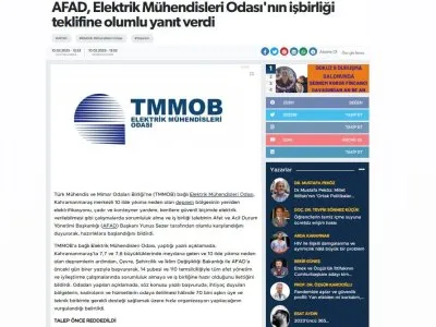 AFAD, ELEKTRİK MÜHENDİSLERİ ODASI`NIN İŞBİRLİĞİ TEKLİFİNE OLUMLU YANIT VERDİ (DOKUZ8HABER.NET)