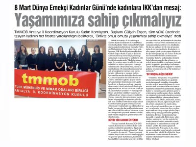 8 MART DÜNYA EMEKÇİ KADINLAR GÜNÜ`NDE KADINLARA İKK`DAN MESAJ: YAŞAMIMIZA SAHİP ÇIKMALIYIZ (İLERİ - 08.03.2023)