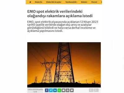 EMO SPOT ELEKTRİK VERİLERİNDEKİ OLAĞANDIŞI RAKAMLARA AÇIKLAMA İSTEDİ (ENERJİGUNLUGU.NET)