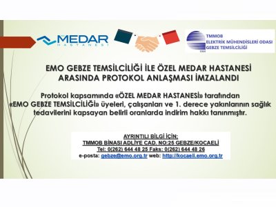 EMO GEBZE TEMSİLCİLİĞİ İLE ÖZEL MEDAR HASTANESİ ARASINDA PROTOKOL ANLAŞMASI İMZALANDI