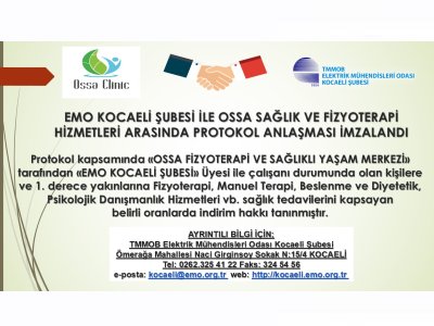 EMO KOCAELİ ŞUBESİ İLE OSSA SAĞLIK VE FİZYOTERAPİ HİZMETLERİ ARASINDA PROTOKOL ANLAŞMASI İMZALANDI