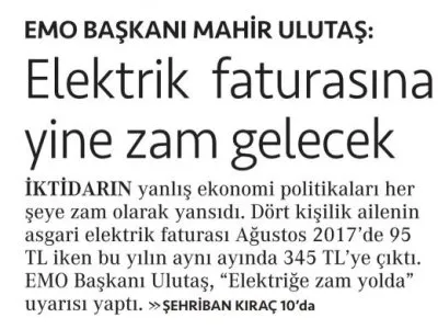 EMO BAŞKANI MAHİR ULUTAŞ: ELEKTRİK FATURASINA YİNE ZAM GELECEK (CUMHURİYET)