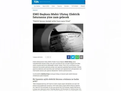 EMO BAŞKANI MAHİR ULUTAŞ: ELEKTRİK FATURASINA YİNE ZAM GELECEK (T24.COM.TR)