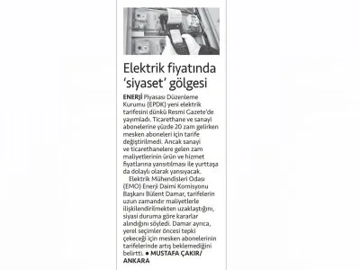 ELEKTRİK FİYATINDA `SİYASET` GÖLGESİ (CUMHURİYET)