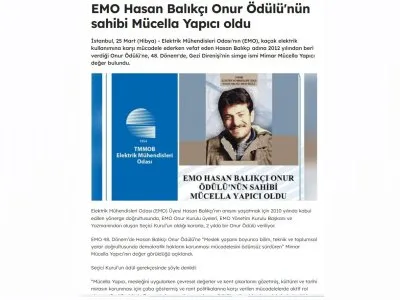 EMO HASAN BALIKÇI ONUR ÖDÜLÜ`NÜN SAHİBİ MÜCELLA YAPICI OLDU (GAZETEBİRLİK.COM)