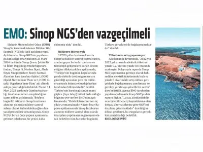 EMO: SİNOP NGS`DEN VAZGEÇİLMELİ (YENİ YAŞAM)