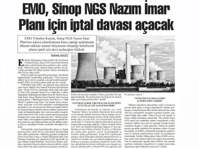 EMO, SİNOP NGS NAZIM İMAR PLANI İÇİN İPTAL DAVASI AÇACAK (BAŞKENT GAZETESİ)
