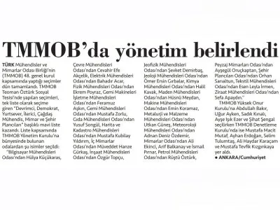 TMMOB`DE YÖNETİM KURULU ÜYELERİ BELİRLENDİ (CUMHURİYET)