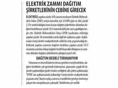 ELEKTRİK ZAMMI DAĞITIM ŞİRKETLERİNİN CEBİNE GİRECEK (YENİ ASYA)