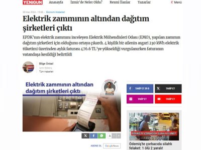 ELEKTRİK ZAMMININ ALTINDAN DAĞITIM ŞİRKETLERİ ÇIKTI (GAZETEYENİGUN.COM.TR)