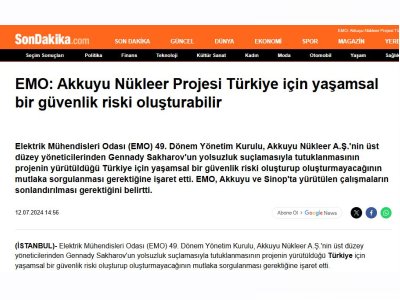 EMO: AKKUYU NÜKLEER PROJESİ TÜRKİYE İÇİN YAŞAMSAL BİR GÜVENLİK RİSKİ OLUŞTURABİLİR (SONDAKİKA.COM)