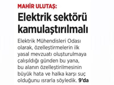 ELEKTRİK SEKTÖRÜNÜN YENİDEN KAMULAŞTIRILMASI ÜZERİNE TEZLER (BİRGÜN PAZAR)