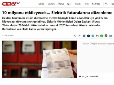 10 MİLYONU ETKİLEYECEK... ELEKTRİK FATURALARINA DÜZENLEME (ODATV.COM)