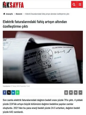ELEKTRİK FATURALARINDAKİ FAHİŞ ARTIŞIN ALTINDAN ÖZELLEŞTİRME ÇIKTI (HABERİLKSAYFA.COM, 07.04.2025)