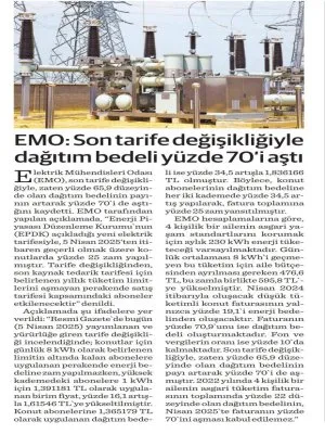 EMO: SON TARİFE DEĞİŞİKLİĞİYLE DAĞITIM BEDELİ YÜZDE 70`İ AŞTI (DÜNYA GAZETESİ, 08.04.2025)