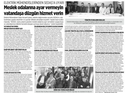ÖZGÜR KOCAELİ ``ELEKTRİK MÜHENDİSLERİNDEN SEDAŞ`A UYARI: MESLEK ODALARINA AYAR VERMEYİN VATANDAŞA DÜZGÜN HİZMET VERİN``