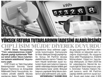 YÜKSEK FATURA TUTARLARININ İADESİNİ ALABİLİRSİNİZ CHP Lİ İSİM MÜJDE` DİYEREK DUYURDU (BURSA YILDIRIM GAZETESİ, 05.06.2025)